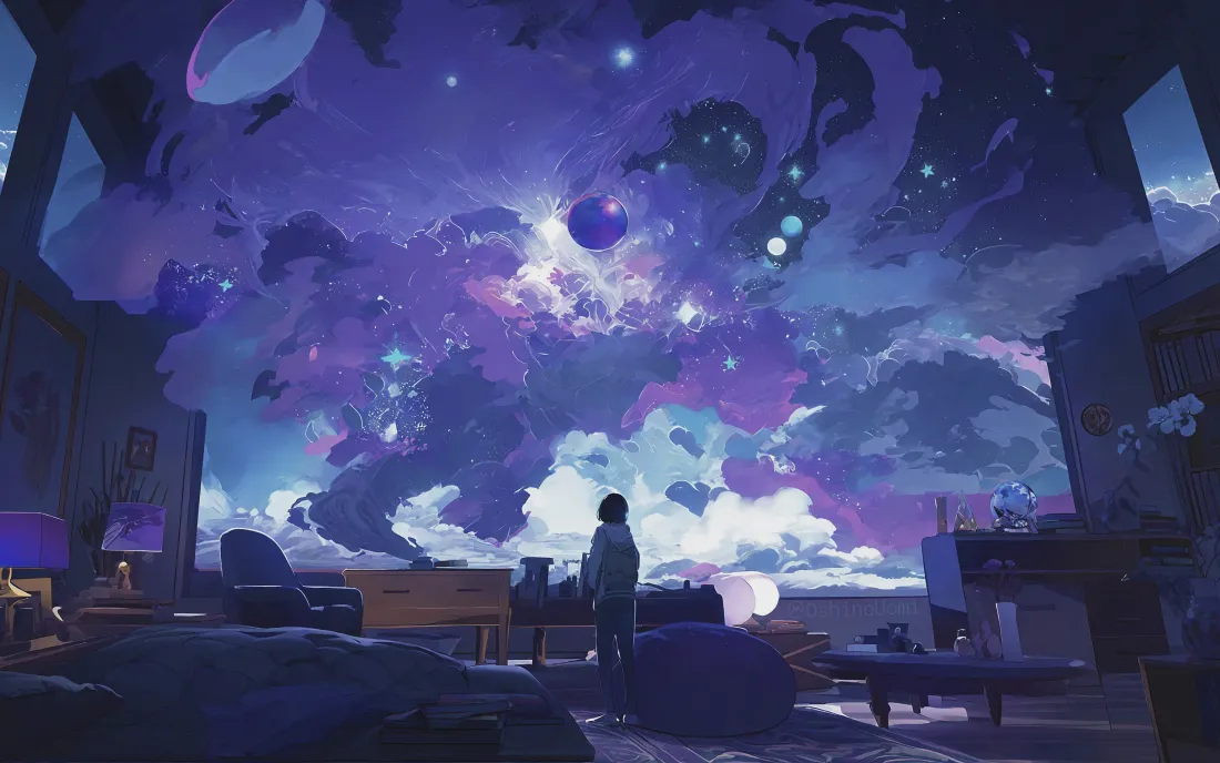 4k室内场景｜梦幻星空背景图片 - 静谧夜晚「哲风壁纸」