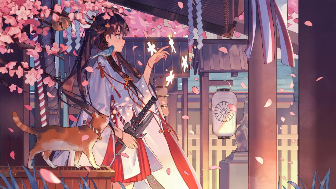 2k樱花少女壁纸｜猫咪庭院背景图片 - 二次元「哲风壁纸」