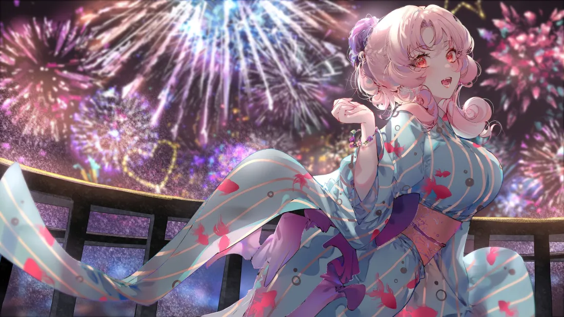 3k和服少女壁纸｜烟花夜景背景图片 - 二次元「哲风壁纸」