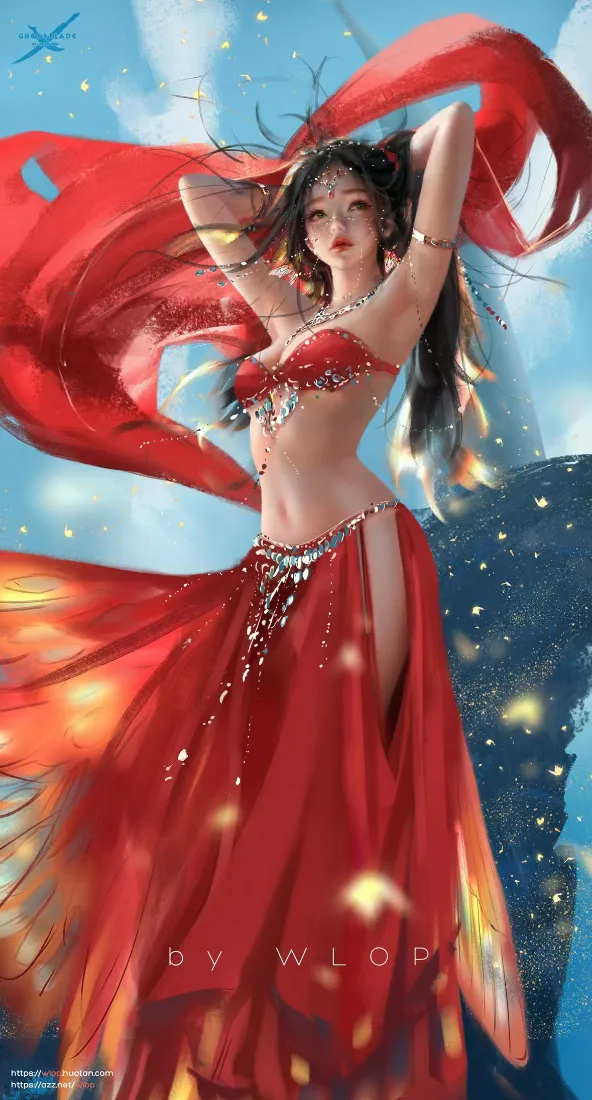 鬼刀手机壁纸｜飘带星空背景图片 - 红衣少女「哲风壁纸」