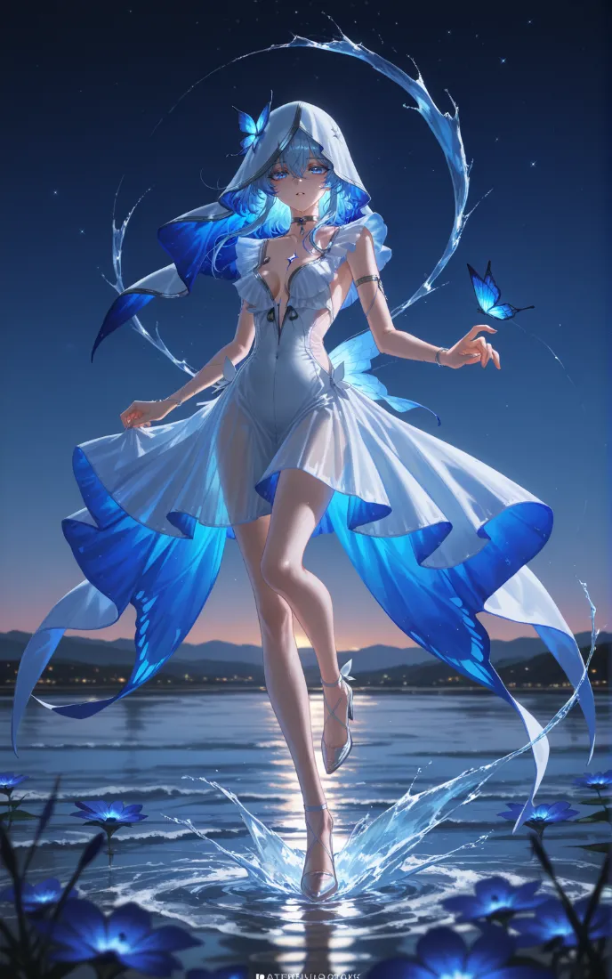 蓝蝶少女手机壁纸｜湖光夜景背景图片 - 梦幻水影「哲风壁纸」