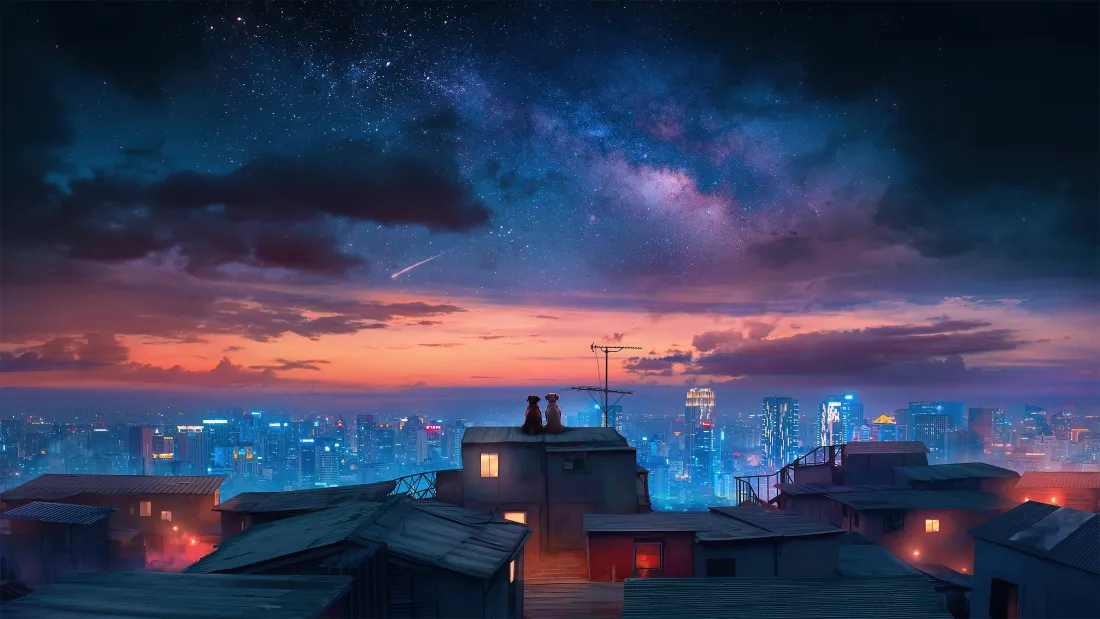 5k夜空流星壁纸｜城市夜景背景图片 - 屋顶狗狗「哲风壁纸」