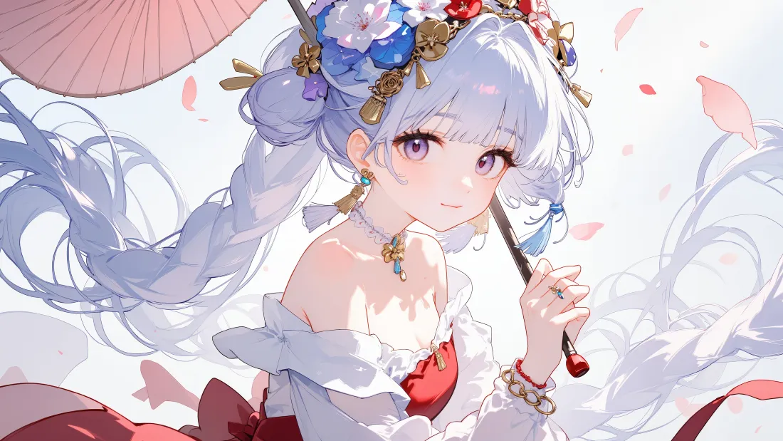 4k紫发少女壁纸｜粉色花瓣背景 - 可爱高清「哲风壁纸」