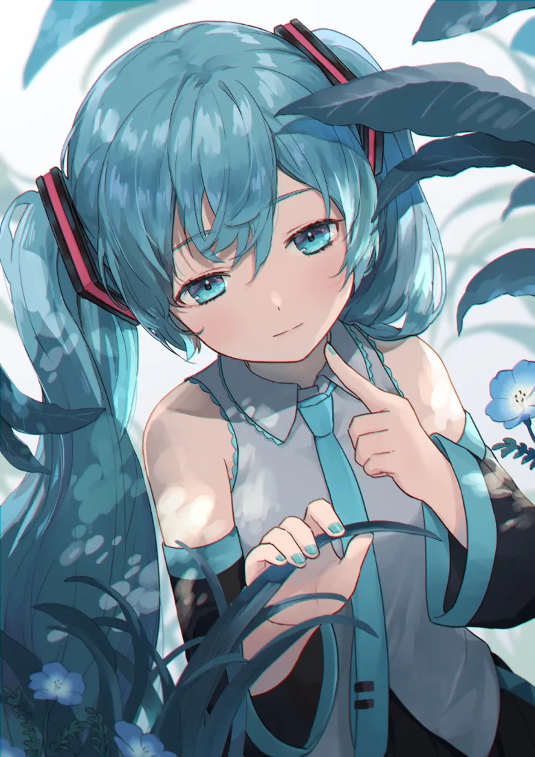 初音未来手机壁纸｜丛林背景 - 蓝发双马尾「哲风壁纸」