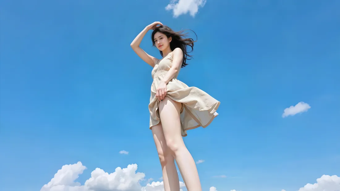5k长腿美女壁纸｜蓝天白云背景 - 阳光「哲风壁纸」