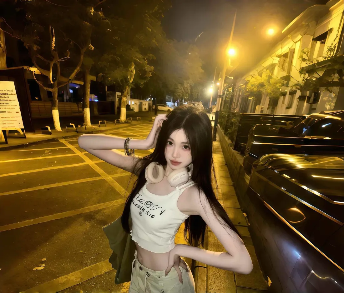 3k耳机女孩壁纸｜夜晚街道背景图片 - 路灯「哲风壁纸」