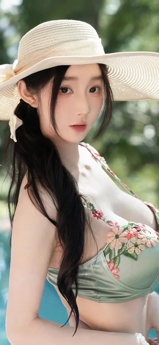 草帽美女手机壁纸｜泳池背景图片 - 绿色比基尼「哲风壁纸」
