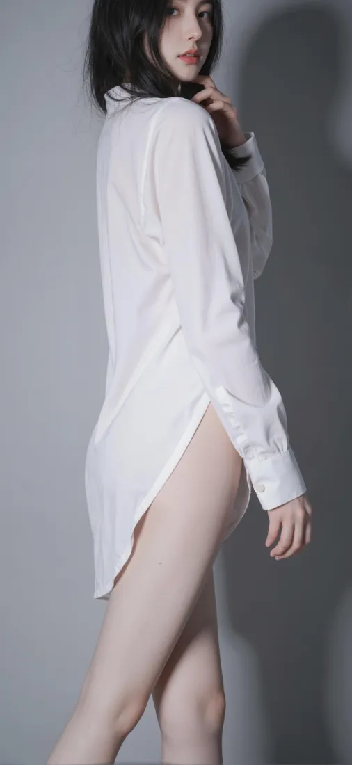 白衬衫美女手机壁纸｜灰色背景图片 - 长腿「哲风壁纸」