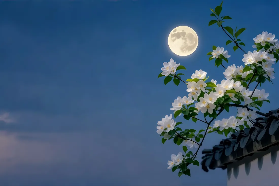 4k月亮海棠花壁纸｜围墙白花背景 - 夜空「哲风壁纸」