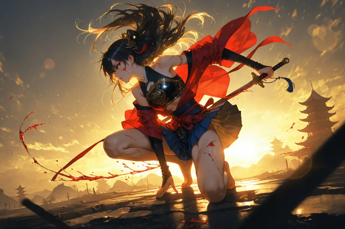 3k红衣女侠壁纸｜夕阳背景图片 - 武侠风「哲风壁纸」