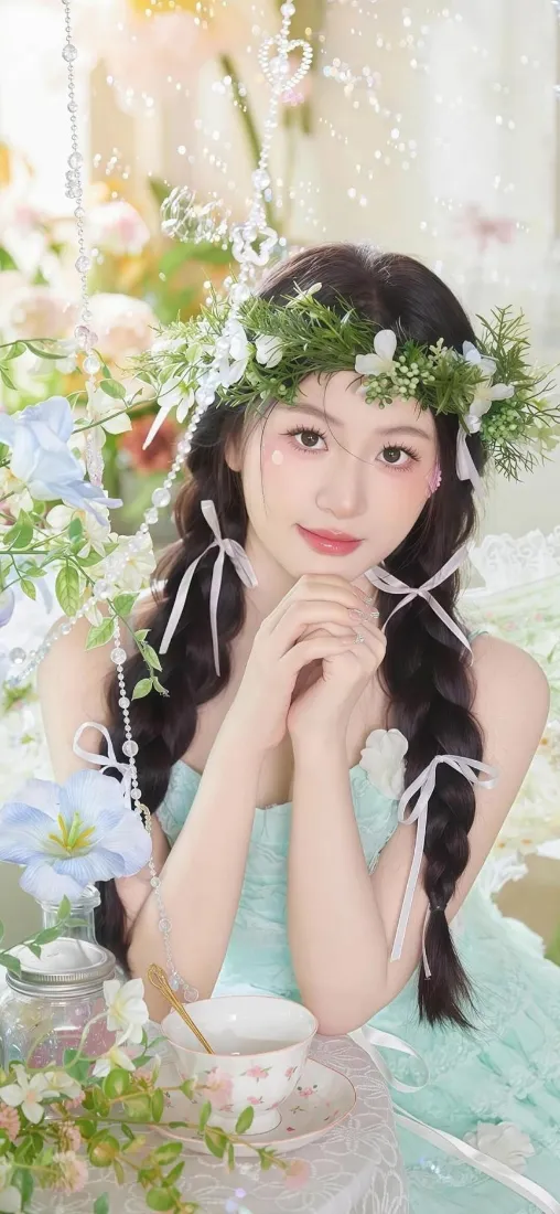 花环双辫美女手机壁纸｜浅绿裙花景 - 清新「哲风壁纸」