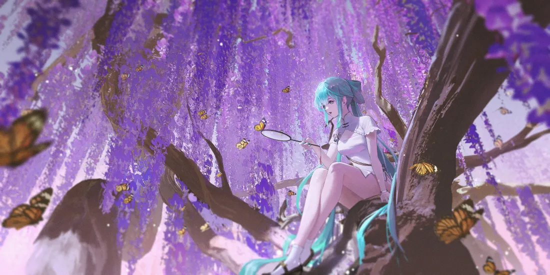 4k蓝发动漫少女壁纸｜紫色藤蔓蝴蝶 - 幻想「哲风壁纸」
