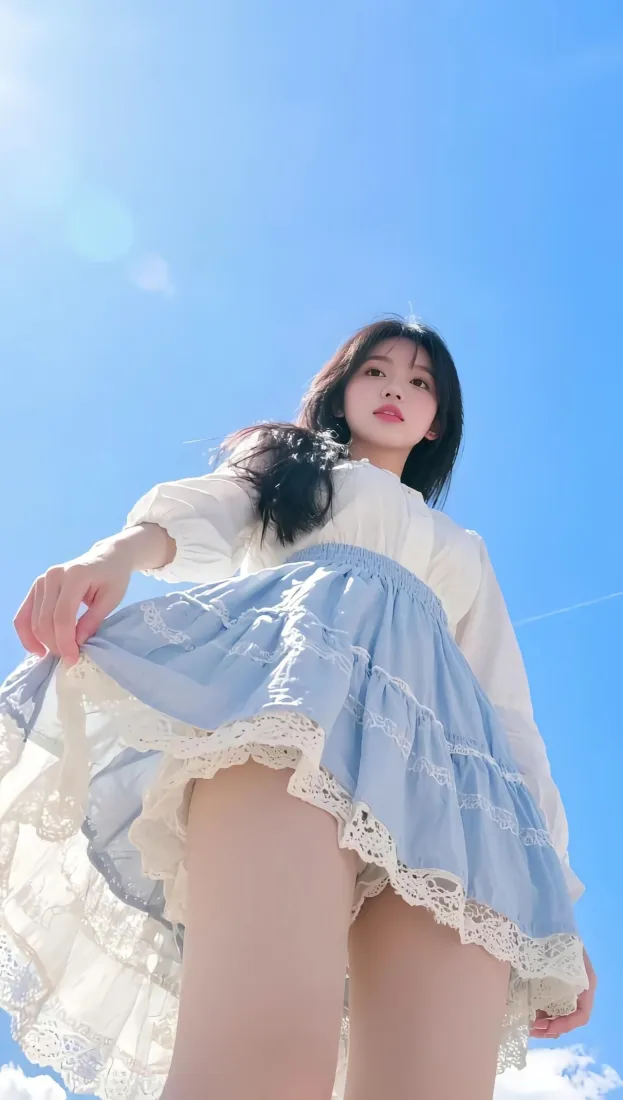 蓝裙女孩手机壁纸｜蓝天背景 - 阳光清新「哲风壁纸」