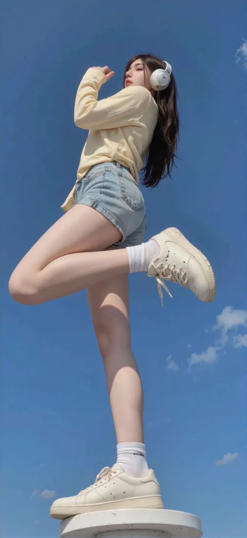 黄衣女孩手机壁纸｜蓝天背景 - 白色耳机「哲风壁纸」