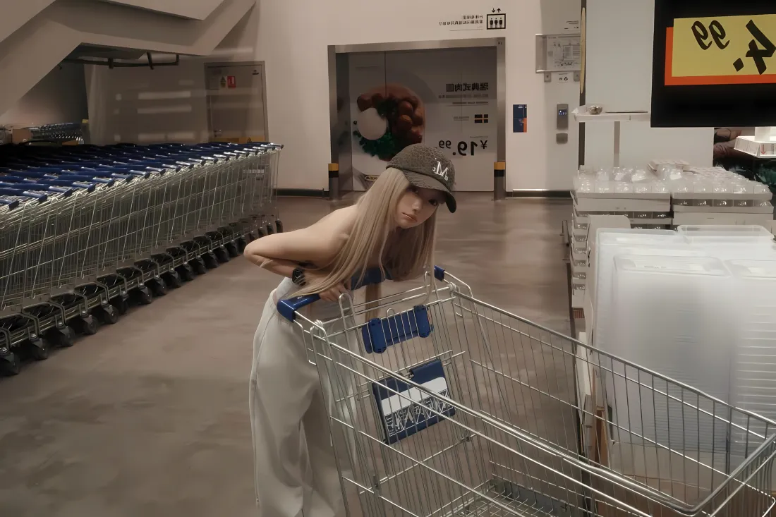 3k金发美女超市推购物车壁纸｜超市背景「哲风壁纸」