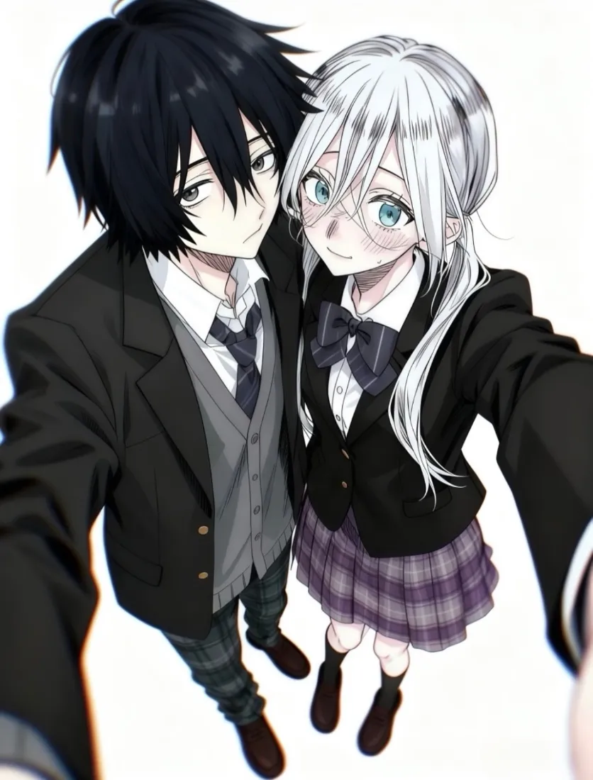 朔保科校服自拍手机壁纸｜动漫情侣背景 - 白发眼镜「哲风壁纸」