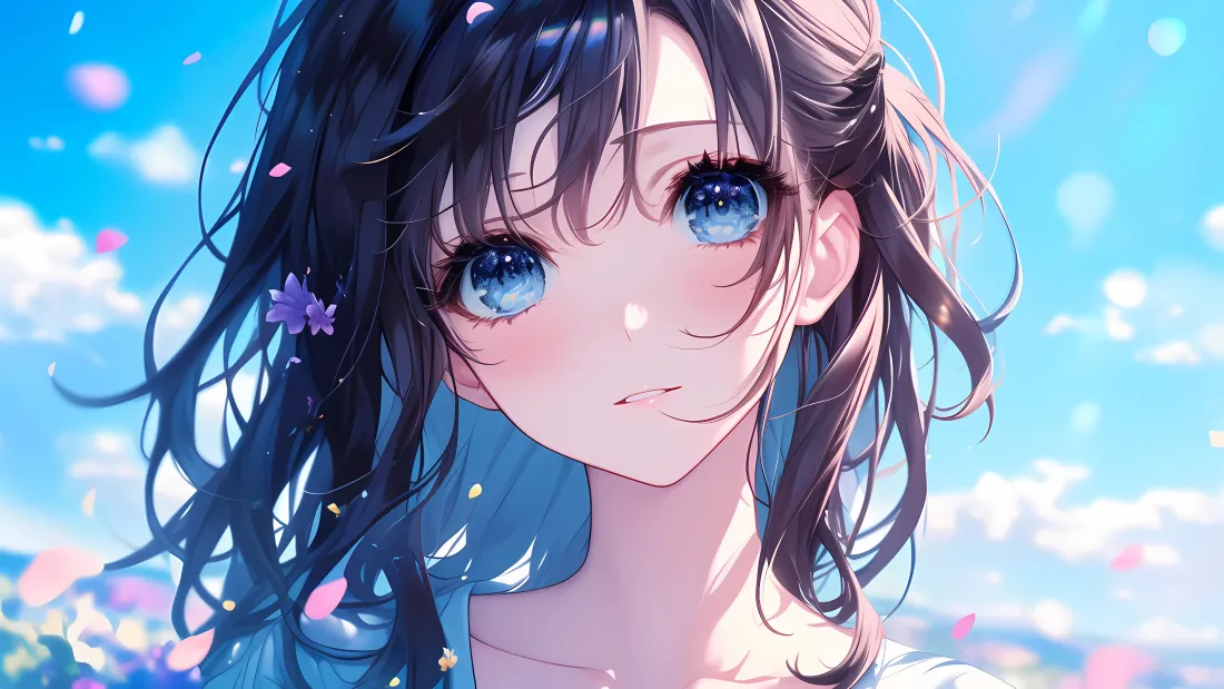 4k蓝眼睛动漫女孩壁纸｜蓝天花海 - 卷发「哲风壁纸」