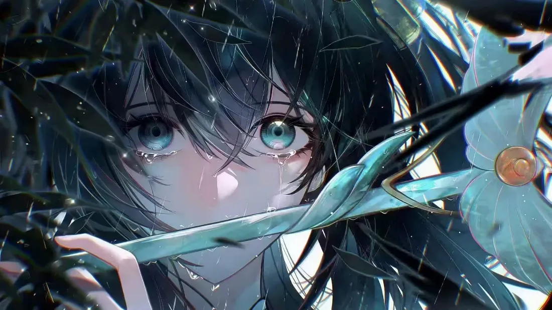 2k动漫女孩悲伤绿蓝壁纸｜雨天树叶背景 - 蓝绿「哲风壁纸」