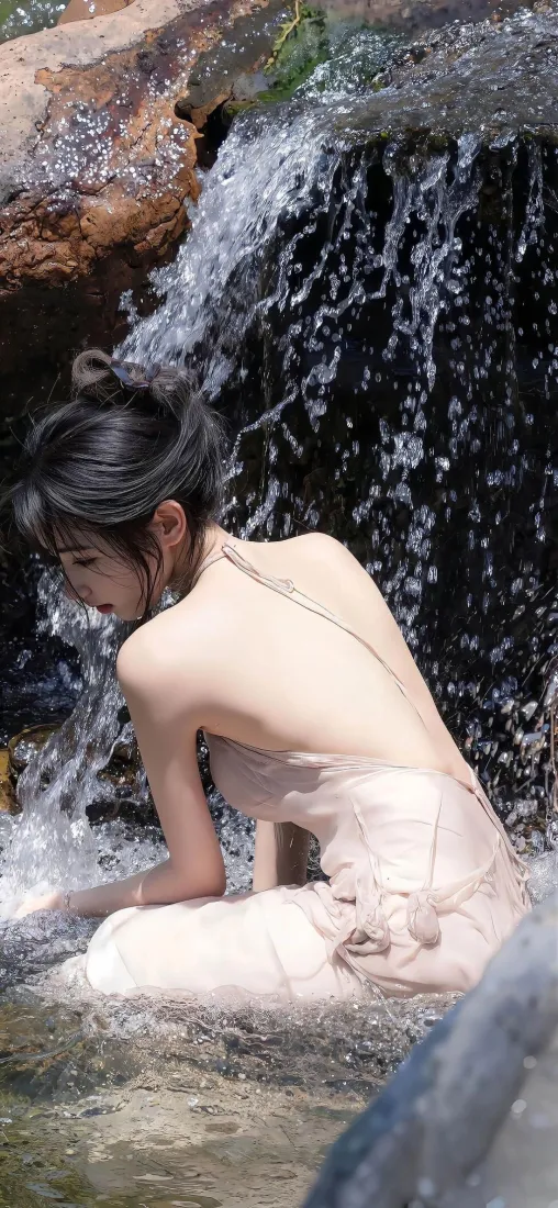 溪边美女手机壁纸｜瀑布背景图片 - 露背裙「哲风壁纸」