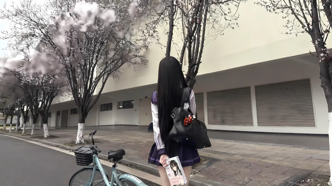 3k黑发JK美女壁纸｜街道樱花 - 自行车「哲风壁纸」