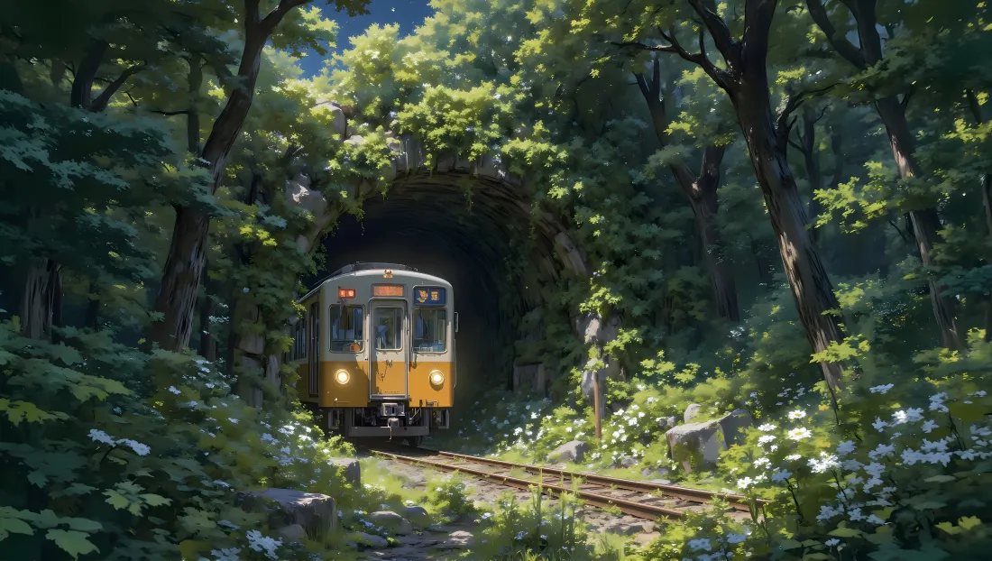 4k火车丛林隧道壁纸｜森林铁轨 - 动漫风景「哲风壁纸」