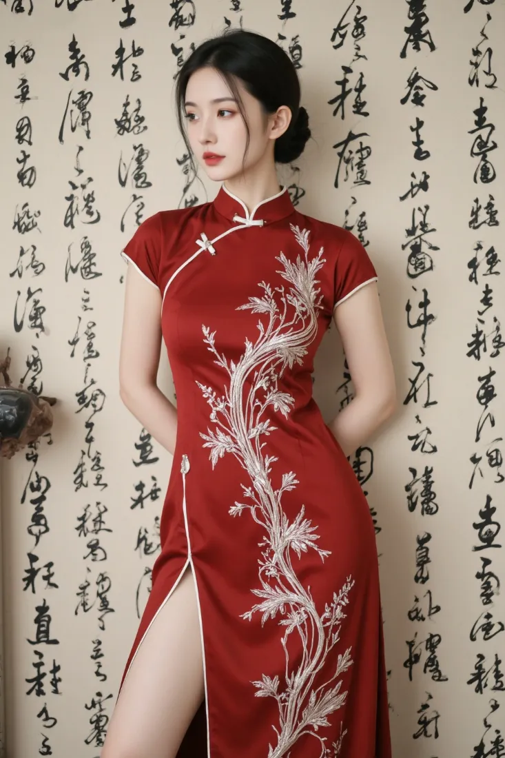 红衣旗袍美女手机壁纸｜书法背景 - 复古优雅「哲风壁纸」