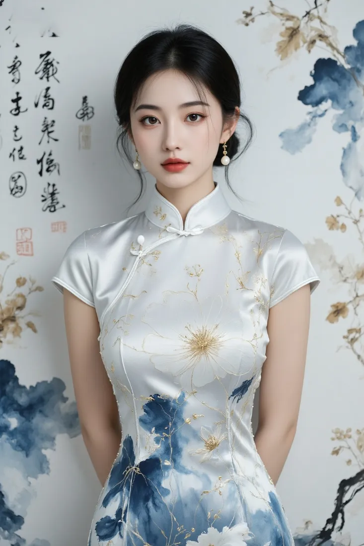 旗袍美女手机壁纸｜水墨花卉背景 - 复古优雅「哲风壁纸」