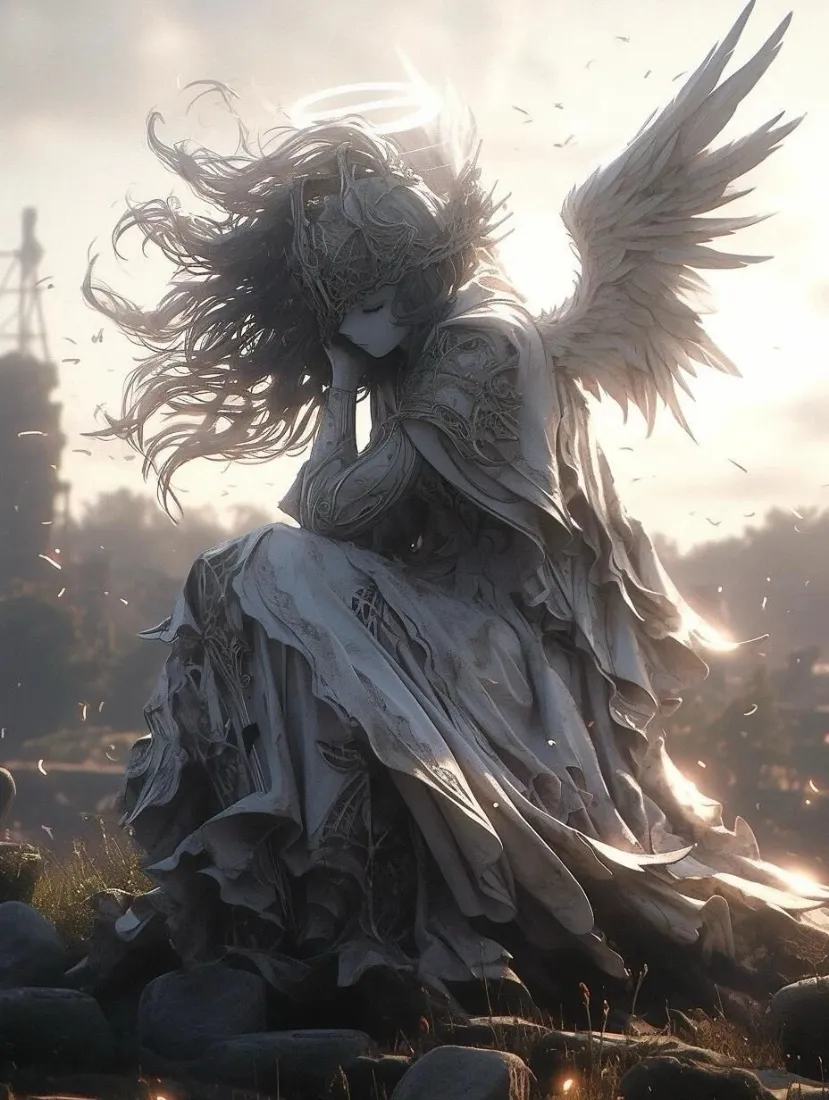 天使雕像手机壁纸｜废墟背景 - 荒凉光影「哲风壁纸」