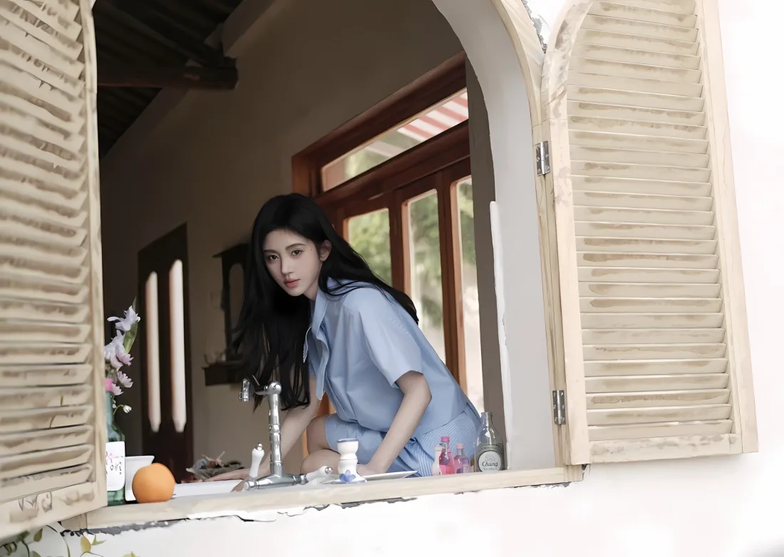 2k鞠婧祎壁纸｜窗边厨房背景 - 蓝衣美女「哲风壁纸」