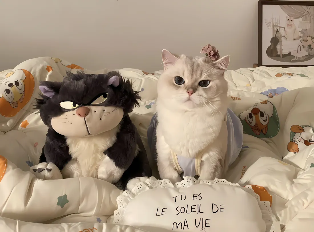 2k可爱猫咪壁纸｜卡通床铺背景 - 毛绒玩具猫「哲风壁纸」