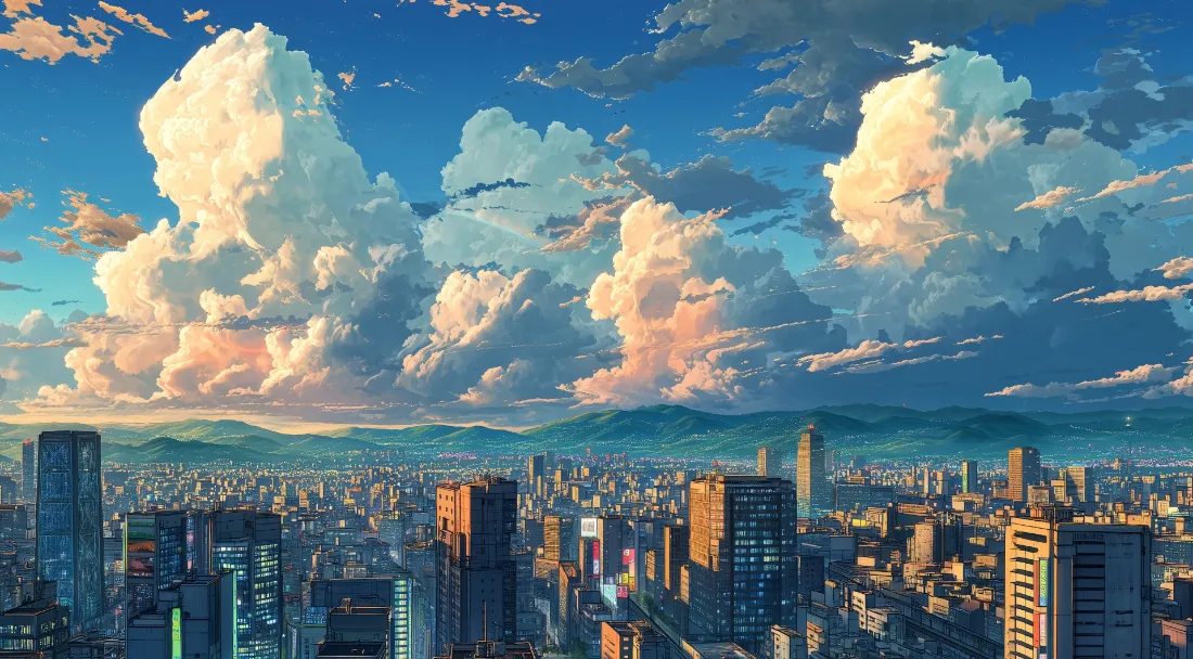 2k动漫城市壁纸｜蓝天白云背景 - 城市景观「哲风壁纸」