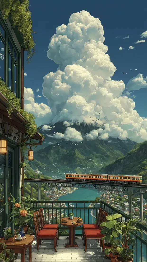 插画风火车云团手机壁纸｜阳台山水背景 - 自制艺术「哲风壁纸」