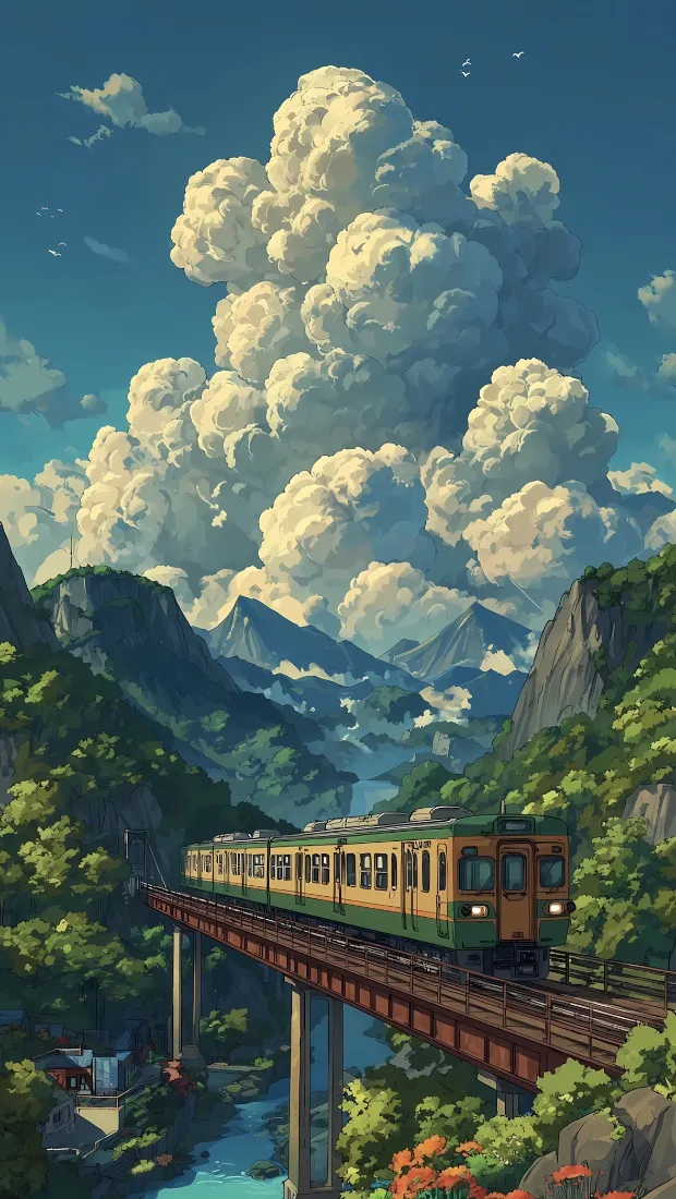 火车插画手机壁纸｜云团山间背景 - 森林桥梁「哲风壁纸」