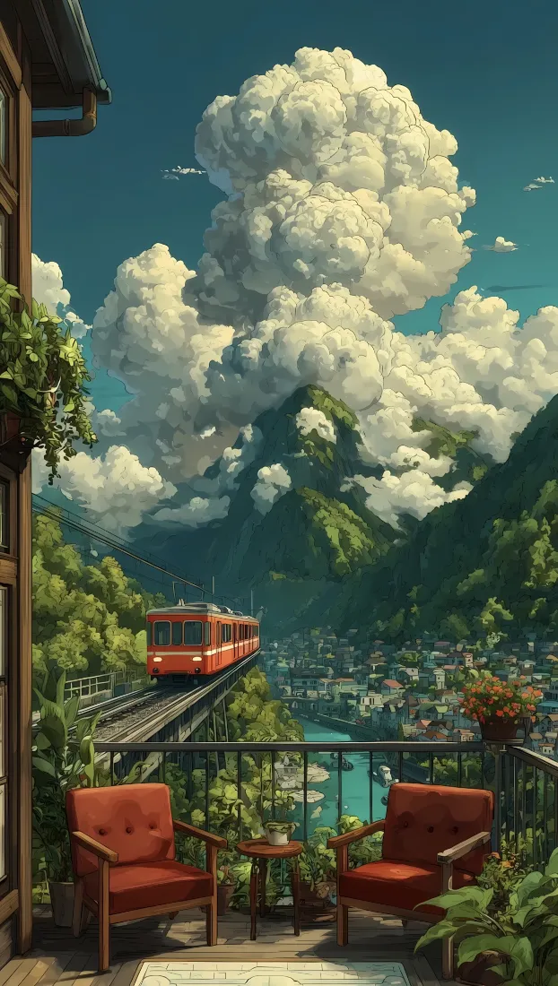 插画风火车云团手机壁纸｜阳台小镇山景 - 绿植椅「哲风壁纸」