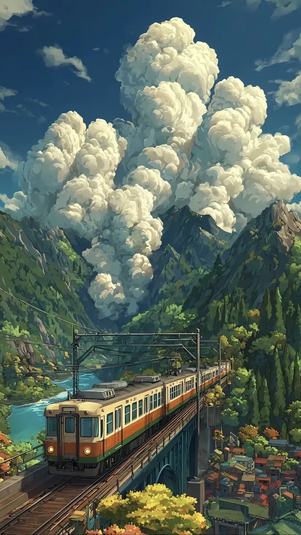 插画火车手机壁纸｜云团山谷背景 - 河流桥梁「哲风壁纸」