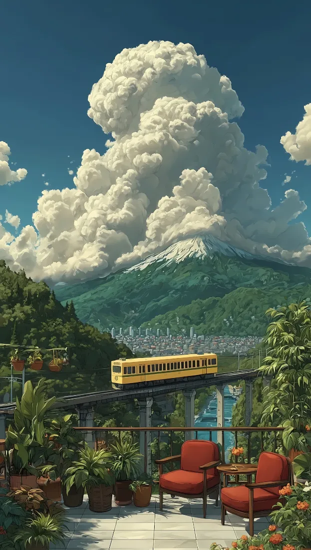 插画风火车云团手机壁纸｜庭院 - 红椅绿植山「哲风壁纸」