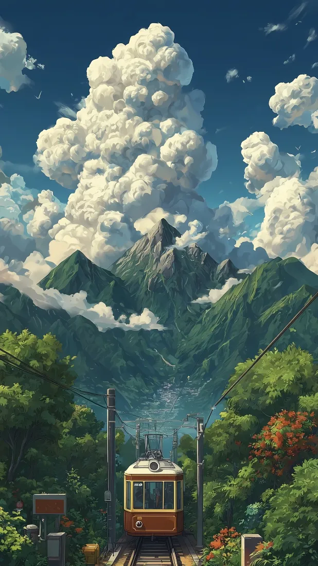 火车插画手机壁纸｜云团山脉背景 - 森林电车「哲风壁纸」