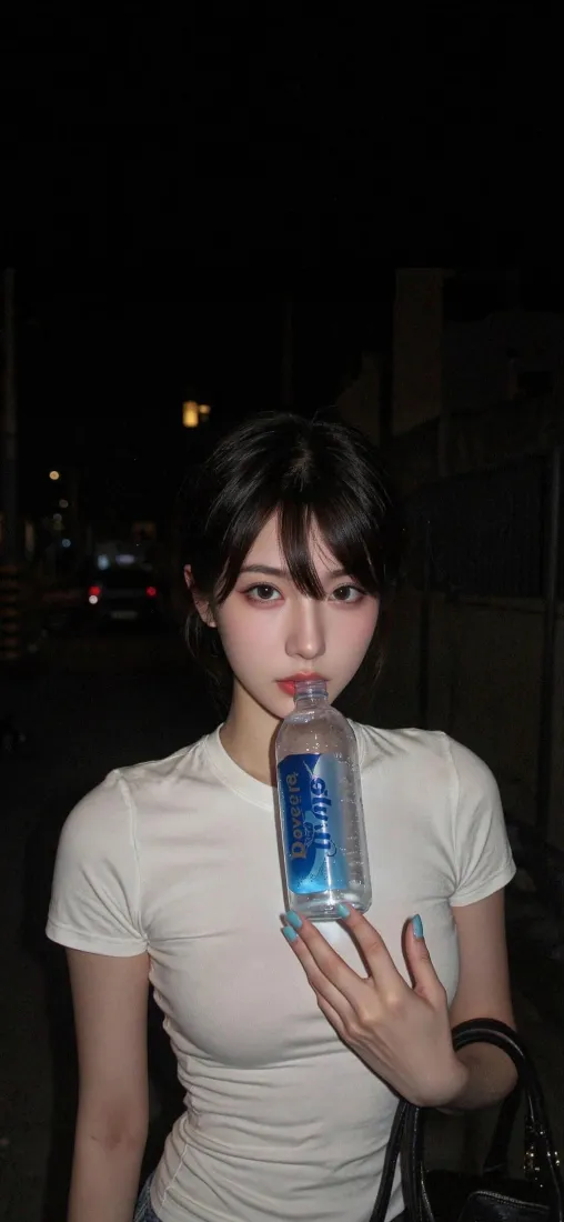美女手机壁纸｜夜晚街拍 - 白短袖蓝饮料「哲风壁纸」