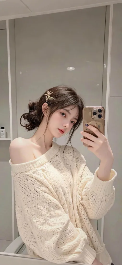 美女自拍手机壁纸｜奶油毛衣背景 - 镜子自拍「哲风壁纸」