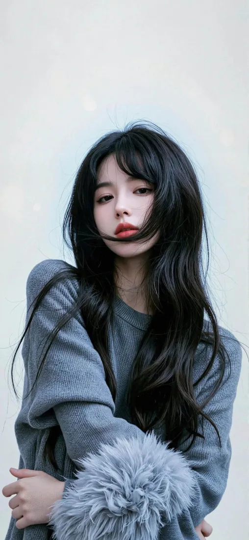 长发美女手机壁纸｜灰色毛绒衣 - 时尚穿搭「哲风壁纸」
