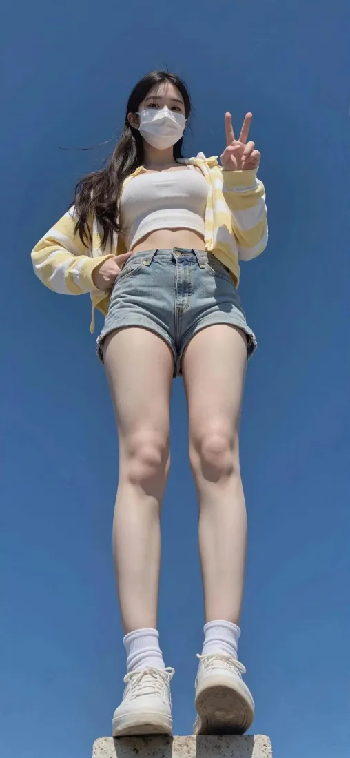 戴口罩美女手机壁纸｜蓝天背景 - 牛仔短裤「哲风壁纸」