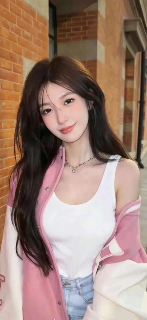 粉色外套美女手机壁纸｜红砖背景 - 长发美女「哲风壁纸」