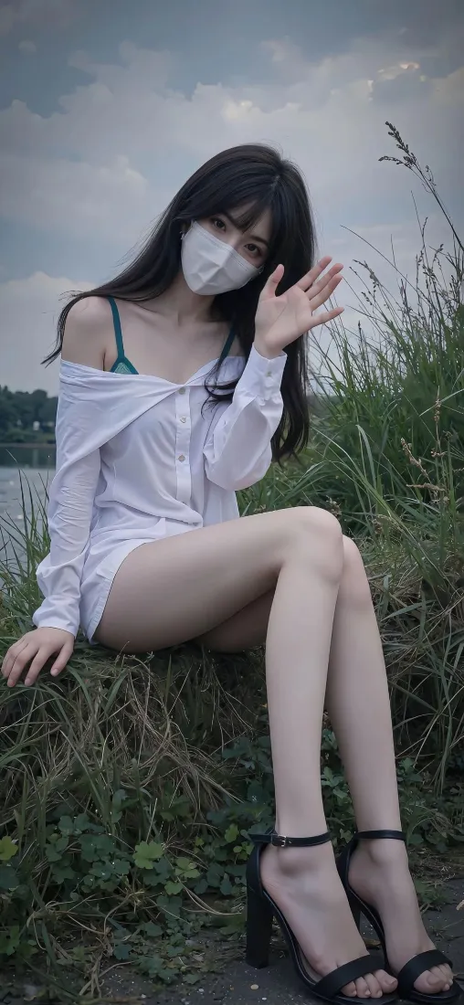 白衣口罩美女手机壁纸｜户外草丛 - 高跟鞋「哲风壁纸」