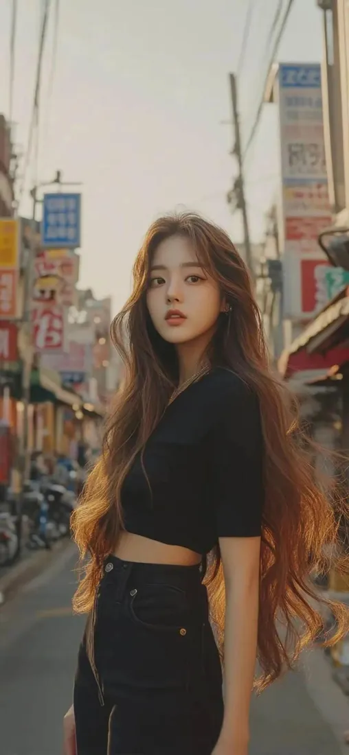 长发美女黑衣手机壁纸｜城市街道 - 街拍「哲风壁纸」