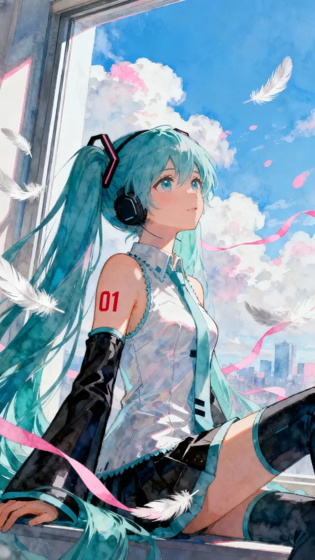 初音未来手机壁纸｜水彩插画 - 羽毛蓝天「哲风壁纸」