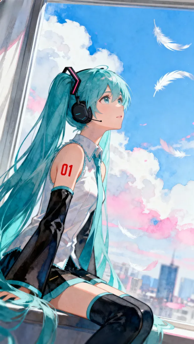 初音未来手机壁纸｜水彩城市背景 - 蓝发羽毛「哲风壁纸」