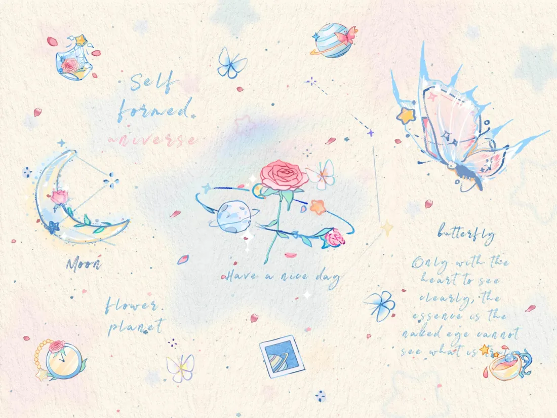 3k手绘仲夏蓝玫瑰壁纸｜艺术插画 - 蝴蝶月亮「哲风壁纸」