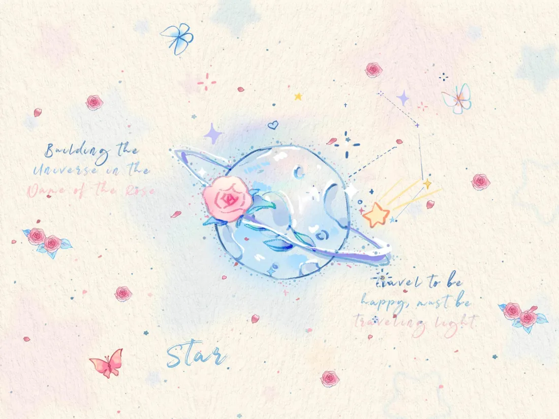3k手绘风仲夏蓝玫瑰壁纸｜梦幻星球 - 蝴蝶星星「哲风壁纸」
