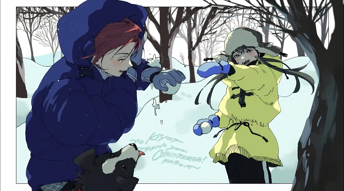 2k动漫女孩打雪仗壁纸｜雪地树林 - 冬季「哲风壁纸」