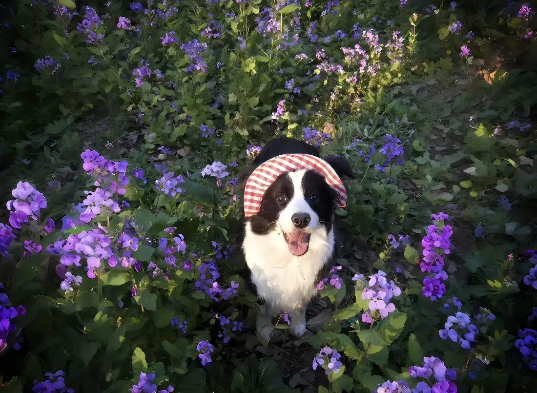 2k戴帽边牧花海壁纸｜紫色花丛背景 - 宠物狗狗「哲风壁纸」